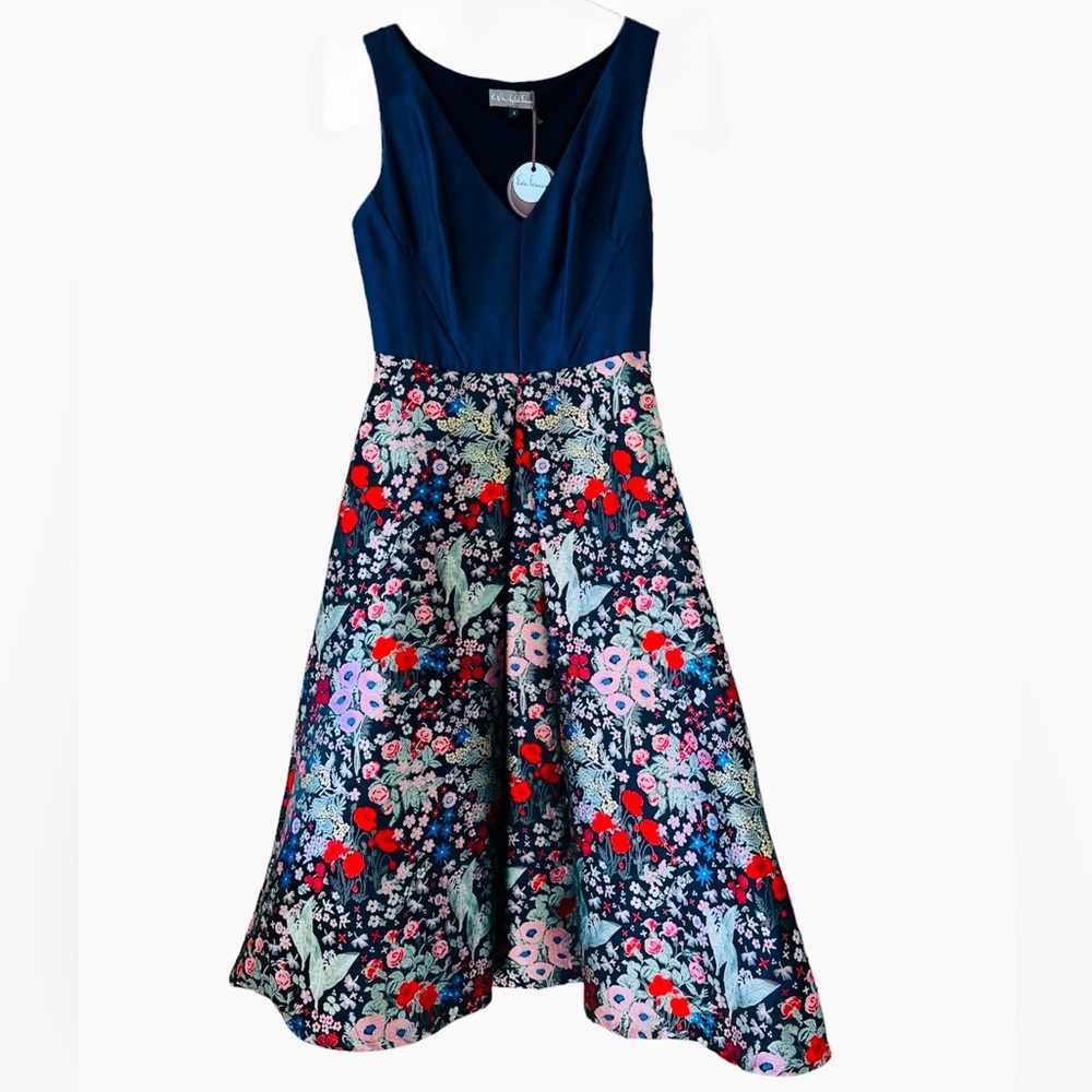 Eva Franco A-Line Sleeveless V-Neck Dress Blue and Red